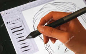 A hand of the designer drawing on a digital screen pad with stylus pen. Illustrators hand working with brushes on electronic application.